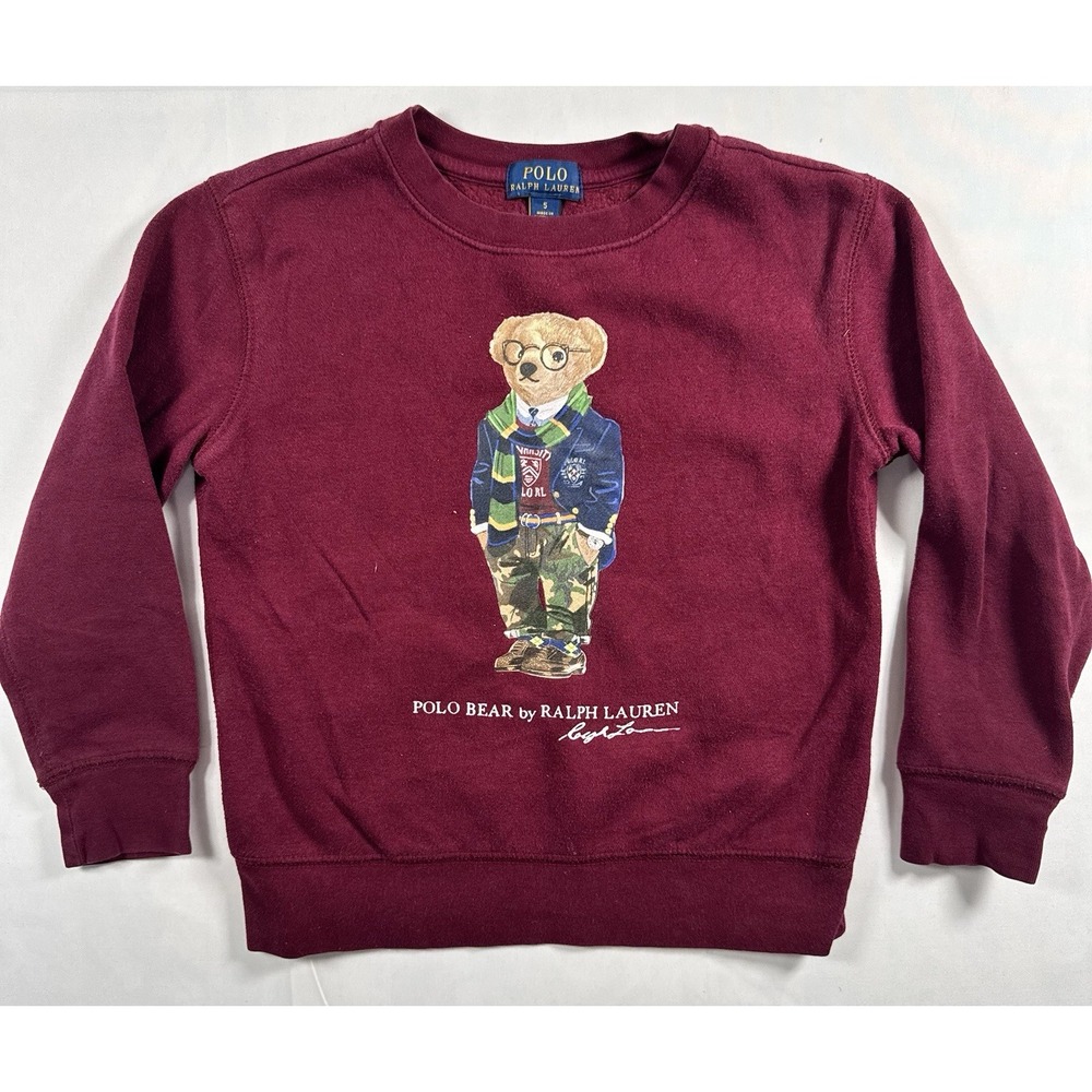 Ralph Lauren Polo Bear Varsity Blazer Camo Sweatshirt Kids Sz 5 Burgundy